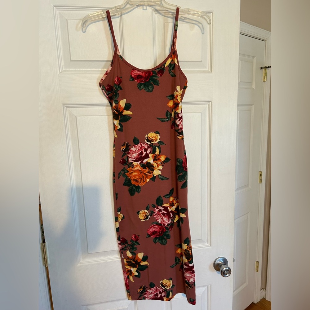 Heart Hips Floral Midi Dress - Mauve, red, orange, yellow & cream